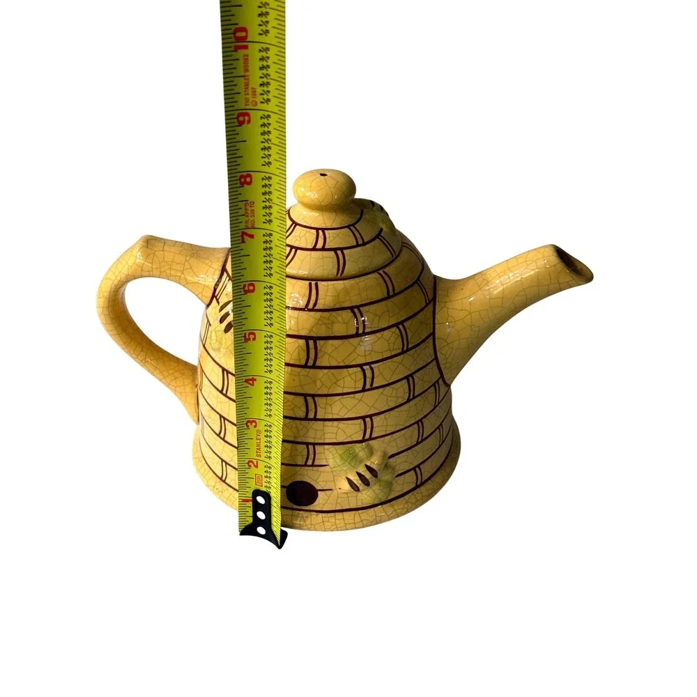 Vintage Beehive Skep Ceramic Teapot Yellow Crackle Glaze with Honeybee Accents